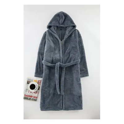 Trendyol Gray Belted Back Slogan Detailed Hooded Wellsoft Winter Knitted Dressing Gown