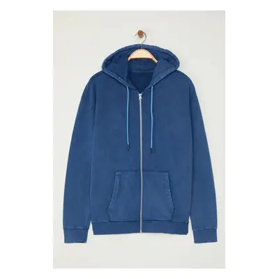 Trendyol Indigo Oversize/Wide Cut Hooded Vintage/Faded Effect Basic Zipper Cardigan/Sweatshirt