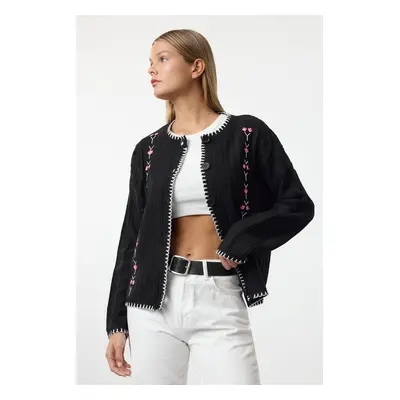 Trendyol Black Embroidery Detailed Knitwear Cardigan