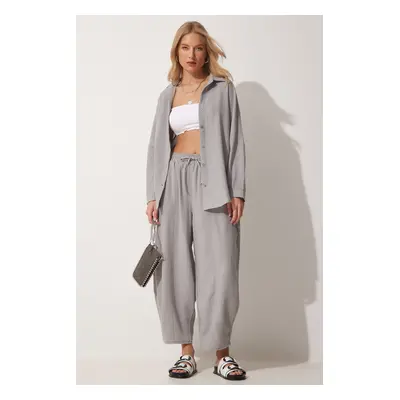 Happiness İstanbul Women's Gray Linen Shirt Shalwar Trousers Suit