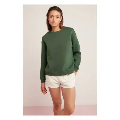 GRIMELANGE Vaneltina Women's Polar Fleece Thread Organic Cotton Oversize Basic Crew Neck Green S