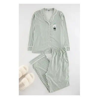 Trendyol Curve Mint Striped Shirt Collar Piping Knitted Pajamas Set