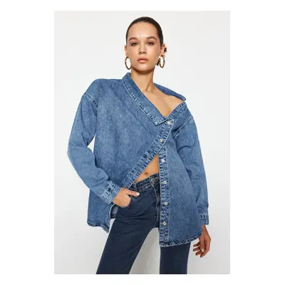 Trendyol Blue Asymmetric Collar Detailed oversize Denim Shirt