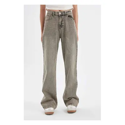 DEFACTO Straight Wide High Waist Long Jean Washed Trousers