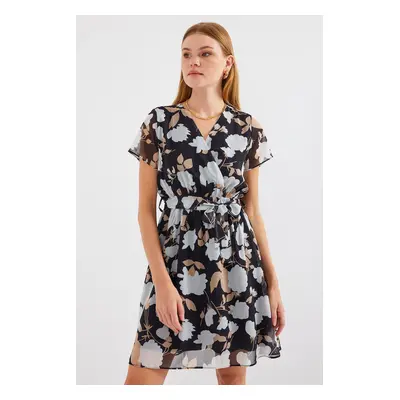 Bigdart Short Sleeve Patterned Chiffon Dress - A.Black