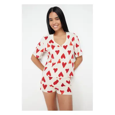 Trendyol Ecru 100% Cotton Heart Tshirt-Shorts Knitted Pajama Set