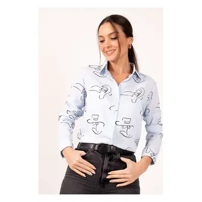 armonika Women's Ice Blue Patterned Long-Sleeve Shirt