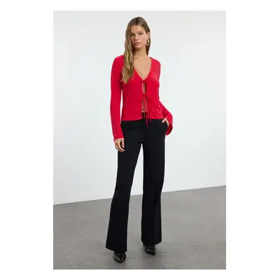 Trendyol Red Body-Sit Regular/Normal Pattern Elastic Knitted Blouse with Tie Detail