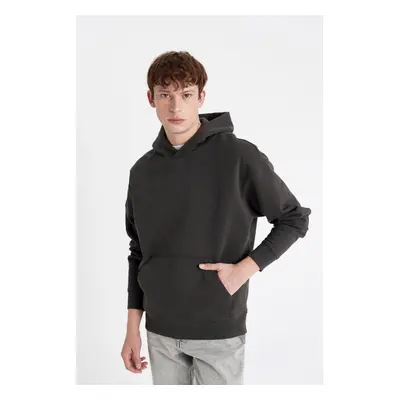 DEFACTO Oversize Wide Pattern Hooded Kangaroo Pocket Basic Plain Sweatshirt