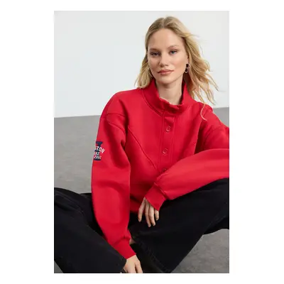 Trendyol Dark Red Thick Inside Fleece Embroidered High Collar Oversize/Wide Cut Knitted Sweatshi