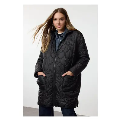 Trendyol Black Oversize Pattern Hooded Quilted Coat