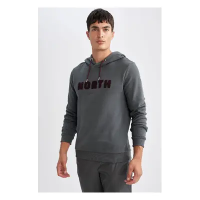 DEFACTO Men's Gray Regular Fit Hooded Printed Thick Fabric Sweatshirt