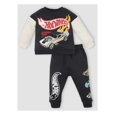 DEFACTO Baby Boy 2-Piece Set Hot Wheels Crew Neck Sweatshirt Elastic Waist Tracksuit Bottoms