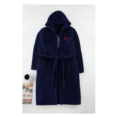 Trendyol Navy Blue Belted Heart and Slogan Embroidered Pocketless Wellsoft Winter Knitted Dressi