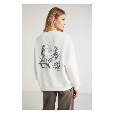 GRIMELANGE JUNY Women's Relaxed Fit Piece Printed Crew Neck Ecru Sweatshirt