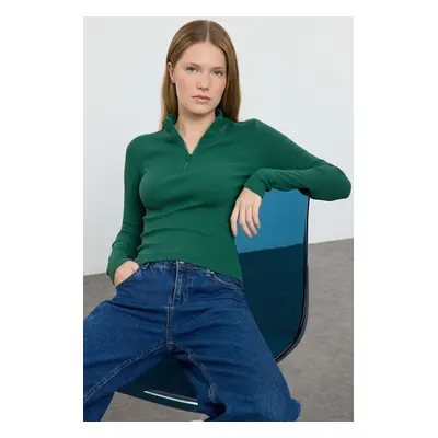 Trendyol Emerald Green Fitted/Fits the Body Zipper Collar Flexible Knitted Blouse