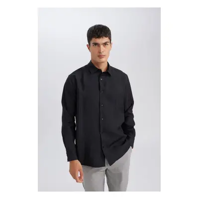 DEFACTO Black Relax Fit Polo Neck Twill Modal Blend Basic Plain Long Sleeve Shirt