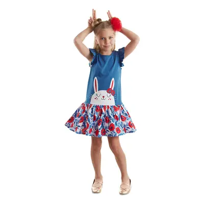 Denokids Rabbit Girl's Floral Blue Ruffle Dress