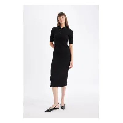 DEFACTO Fitted Polo Neck Short Sleeve Slit Midi Knitwear Dress