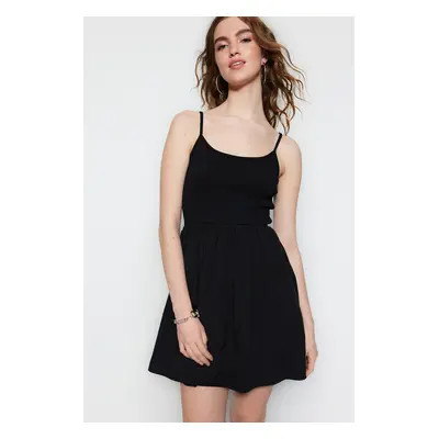 Trendyol Black Knitted Mini Knitted Dress with Poplin Detail, Open Waist/Skater Corduroy