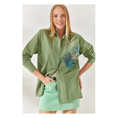 Olalook Mildew Green Palm Sequin Detail Oversize Woven Poplin Shirt