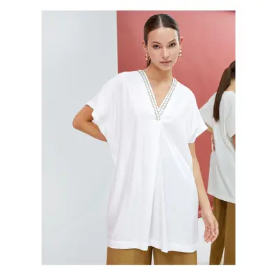 Koton Long Tunic Short Sleeve V-Neck Accessory Detail