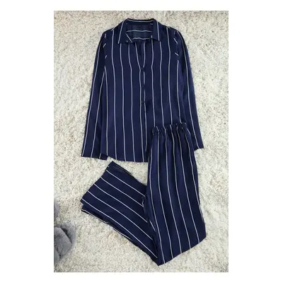 Trendyol Navy Blue Striped Slit Detailed Viscose Shirt-Pants Woven Pajama Set