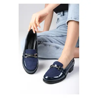 Mio Gusto Navy Blue Color Patent Leather And Suede Women's Casual Oxford Flat Shoes.