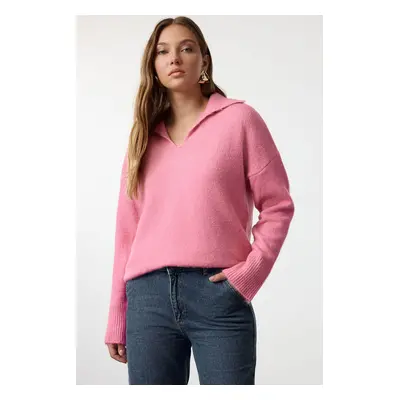 Trendyol Pink Wool Wide Pattern Polo Neck Basic Knitwear Sweater