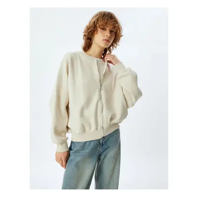 Koton Oversize Zippered Sweatshirt with Stitched Detail and Crew Neck