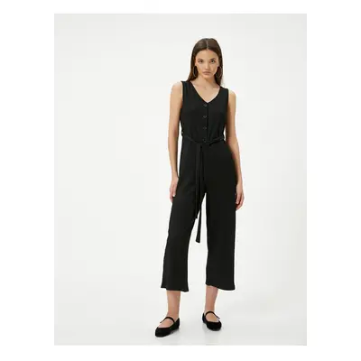 Koton Jumpsuit V-Neck Buttoned Wide Leg Sleeveless Belt Detailed