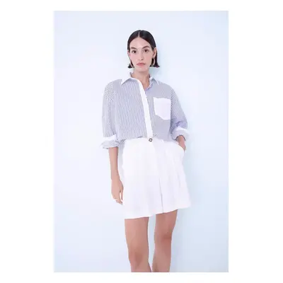 DEFACTO Oversize Wide Pattern Striped Pocket Buttoned Poplin Long Sleeve Shirt