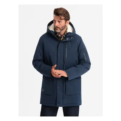 Ombre Men's long parka sherpa jacket – navy blue