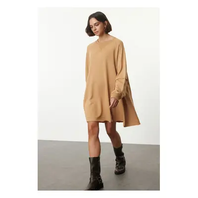 Trendyol Camel Plain Relaxed/Comfortable Fit Crew Neck Sweatshirt Knitted Dress