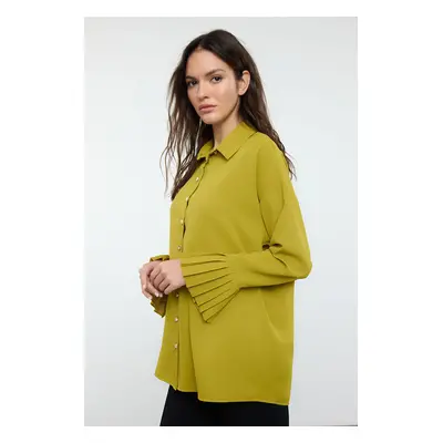 Trendyol Oil Green Thin Belted Ruffle Woven Shirt