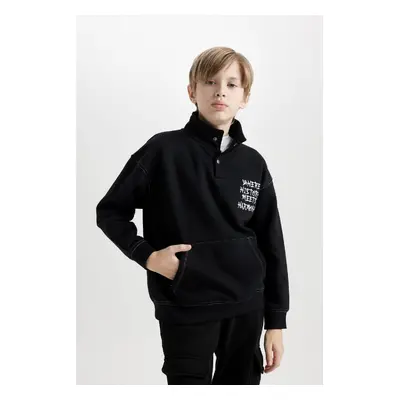 DEFACTO Boy Black Oversize Wide Pattern Turtleneck Printed Sweatshirt