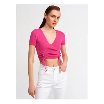 Dilvin Double Breasted Collar Front Gathered Knitwear Crop-fuchsia