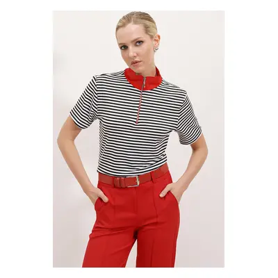 Bigdart Women's Red Polo Collar Zippered Striped T-Shirt