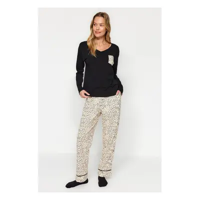 Trendyol Black-Multicolor 100% Cotton Leopard Patterned Tshirt-Pants Knitted Pajama Set