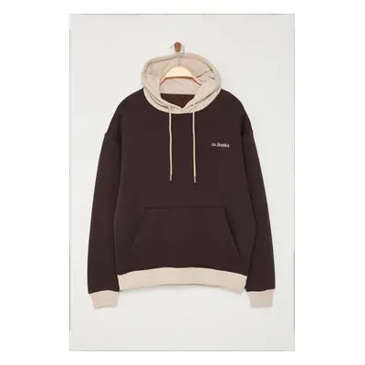 Trendyol Dark Brown Oversize/Wide Cut Hooded Fleece Color Block Embroidered Sweatshirt