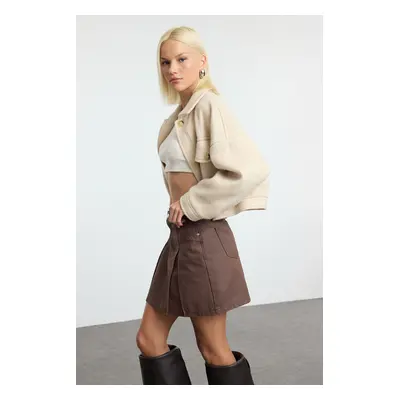 Trendyol Brown Leather Coated Pleated Mini Denim Skirt