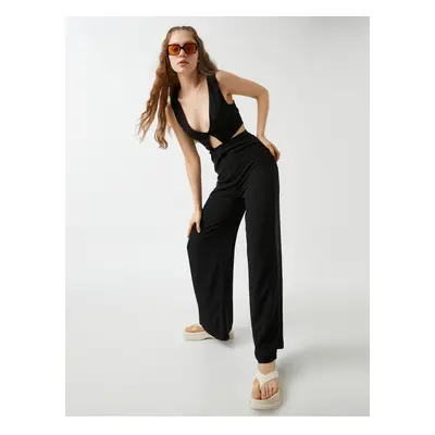 Koton Low-cut Wide Leg Jumpsuit with Window Detail Linen Blend