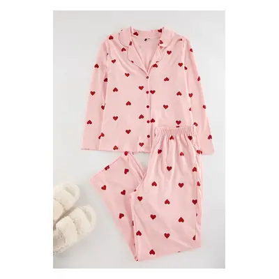 Trendyol Curve Pink Heart Shirt Collar Knitted Pajama Set