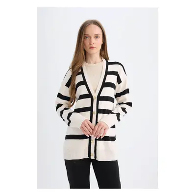 DEFACTO Regular Fit V Neck Striped Button-Down Tunic Knitwear Cardigan