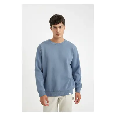 DEFACTO Blue Oversize Wide Pattern Crew Neck Thick Fabric Basic Plain Sweatshirt