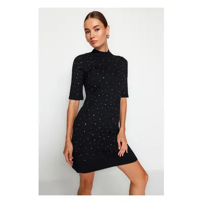 Trendyol Black Stone Detailed Skater/Short Sleeve Mini Knitted Pencil Dress