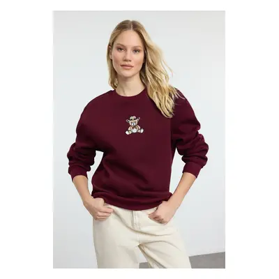 Trendyol Claret Red Relaxed/Comfortable Pattern Embroidered Thick Knitted Sweatshirt