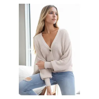 23325 Dewberry Button V-Neck Women Cardigan-STONE