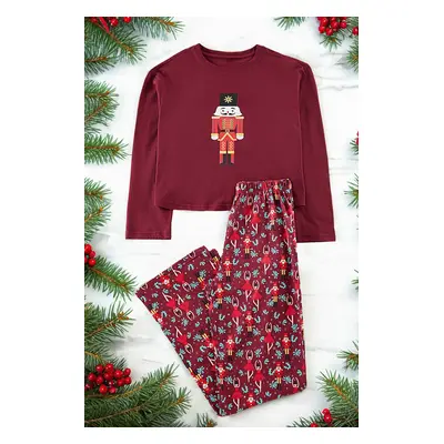 Trendyol Claret Red 100% Cotton Christmas Themed Knitted Pajama Set