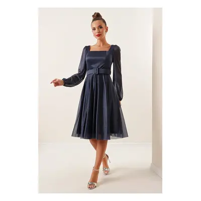 By Saygı Square Neck Belted Balloon Sleeve Lined Lurex Dress